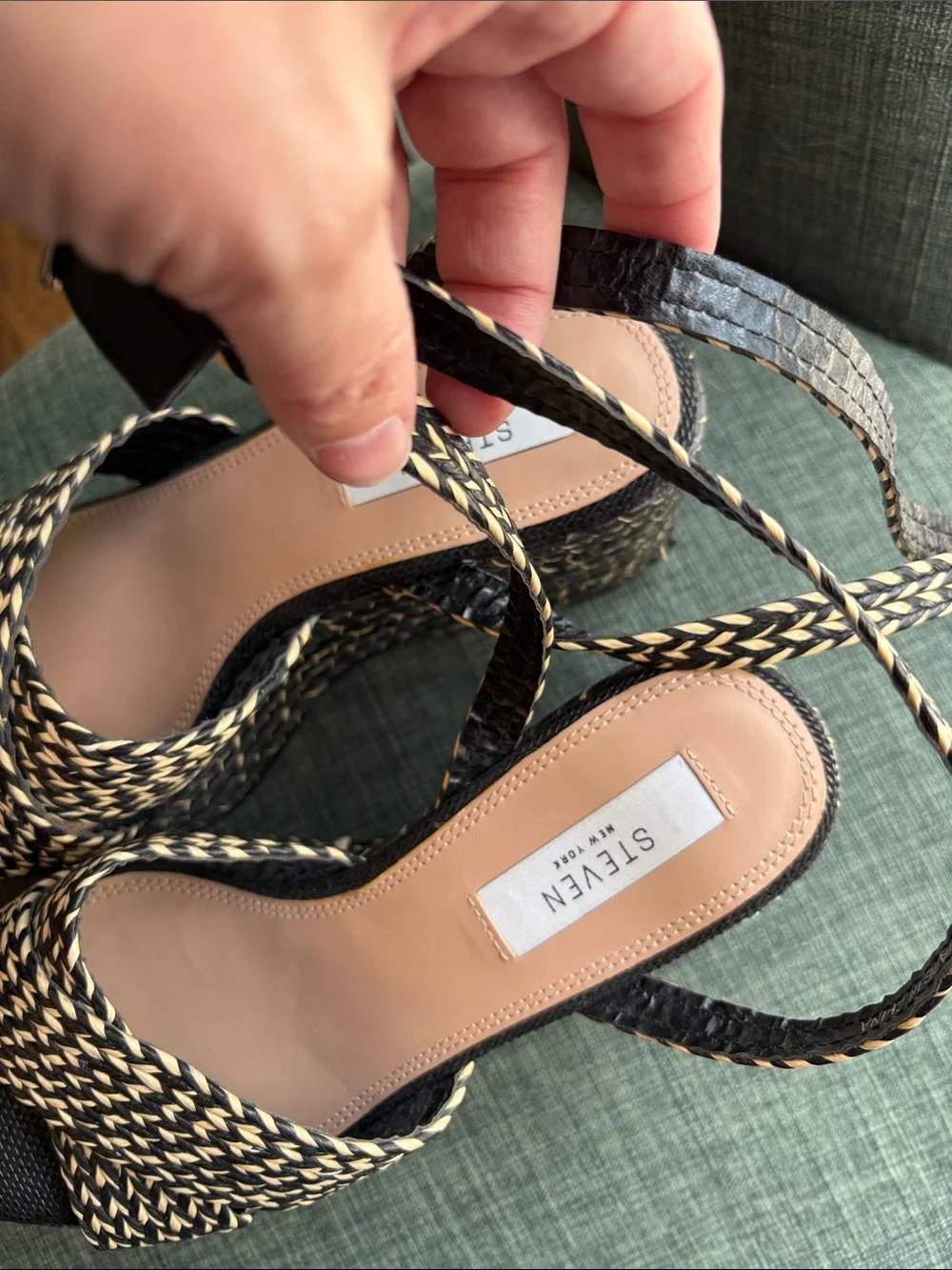Steven women woven Black Natural tan Platform Sandals strappy resort 8.5 summer